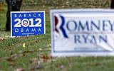 Campaign signs for both US President Barack Obama and his challenger, former Massachusetts Gov. Mitt Romney, are seen in yards outside Evans City, Pennsylvania on Friday (photo credit: AP/Keith Srakocic)