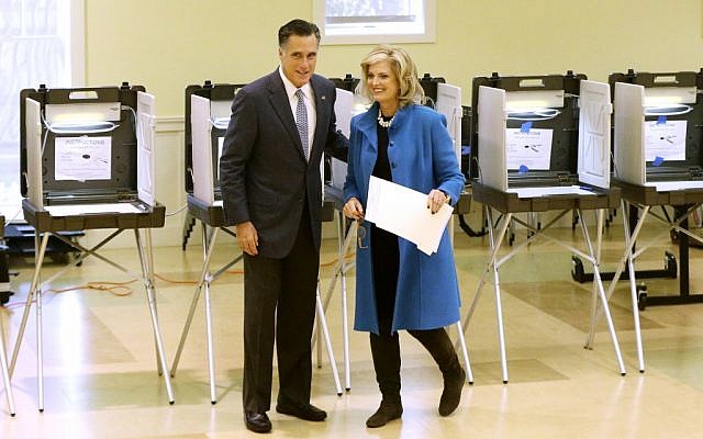 Republican presidential candidate, former Massachusetts Gov. Mitt Romney and wife Ann Romney vote in Belmont, Massachusetts on November 6. (photo credit: AP/Charles Dharapak)
