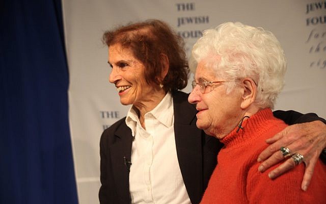 Shoshana Golan, left, a Holocaust survivor who changed her name from Rozia Beiman, reunites in New York with Wladyslawa Dudziak, a Pole who passed her off as a family member during the Holocaust. (Chavie Lieber/JTA) Shoshana Golan, left, a Holocaust survivor who changed her name from Rozia Beiman, reunites in New York with Wladyslawa Dudziak, a Pole who passed her off as a family member during the Holocaust. (Chavie Lieber/JTA)