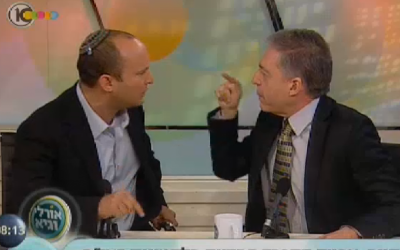 Naftali Bennett (left) and Yossi Beilin in a heated argument, Thursday (photo credit: screen capture/Channel 10/news.nana10.co.il)