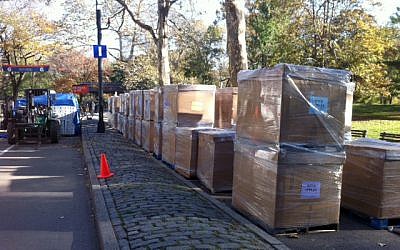 Pallets of food are lined up near what would have been the finish line for the 2012 New York Marathon, Saturday, Nov. 3, 2012 in New York’s Central Park. The food was intended for the marathon participants after they finished the race (photo credit: AP/Cara Ana)