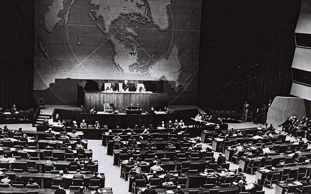 The UN votes on partition, November 29, 1947. (Courtesy of the Government Press Office, Jerusalem) The UN votes on partition, November 29, 1947. (Courtesy of the Government Press Office, Jerusalem)
