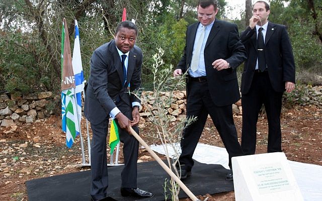 Togo President Faure Essozimna Gnassingbé in the act of planting a tree (photo credit: Yossi Zamir)