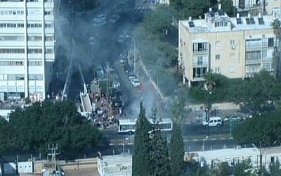 The scene of the bombing in Tel Aviv, Wednesday (photo credit: Channel 2 screen capture) The scene of the bombing in Tel Aviv, Wednesday (photo credit: Channel 2 screen capture)