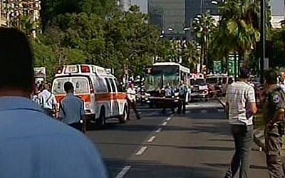 The scene of the bus bombing in Tel Aviv, Wednesday (photo credit: Channel 2 screen capture) The scene of the bus bombing in Tel Aviv, Wednesday (photo credit: Channel 2 screen capture)