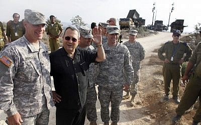 Former defense minister Ehud Barak, center, speaks to US soldiers during a joint Israeli-hosted military exercise, October 23, 2012 (photo credit: Lior Mizrahi/Flash90/File)