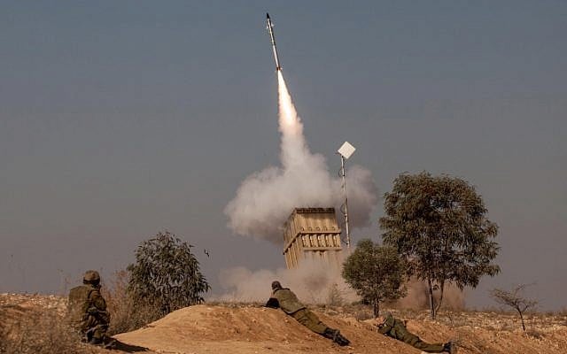 A volley of rockets fired from the Gaza Strip was intercepted by the Iron Dome missile defense system near the city of Beersheba, November 15 (photo credit: Uri Lenzl/Flash90) A volley of rockets fired from the Gaza Strip was intercepted by the Iron Dome missile defense system near the city of Beersheba, November 15 (photo credit: Uri Lenzl/Flash90)