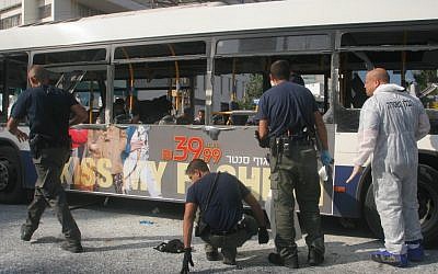 The scene of the bombing attack on the bus in Tel Aviv in 2012. (Roni Schutzer/Flash90)