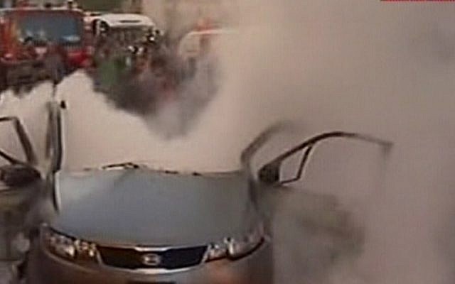 The car in which Ahmed Jabari was traveling when he was assassinated in an IAF airstrike (photo credit: Channel 2 screen capture)