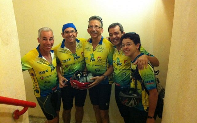 Bikers from Modi'in in a Beersheba hotel stairwell last Wednesday (photo credit: Debbie Zimelman)