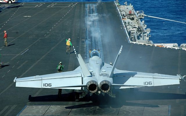 A plane taking off from the USS Nimitz in 2008. (photo credit: Steven Maksinchuk/US Navy, Department of Defense)