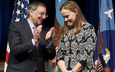 Michele Flournoy, right, with secretary of Defense Leon Panetta at her farewell gathering in January 2012. (photo credit: Erin A. Kirk-Cuomo/ Department of Defense)
