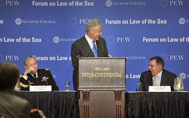 Chuck Hagel, at podium, speaking at a conference in May. (photo credit: Glenn Fawcett/Department of Defense) Chuck Hagel, at podium, speaking at a conference in May. (photo credit: Glenn Fawcett/Department of Defense)