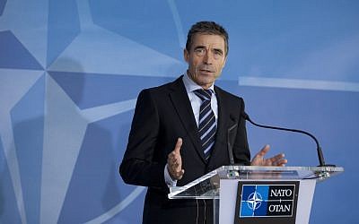 Anders Fogh Rasmussen speaks in Brussels, Tuesday (photo credit: Virginia Mayo/AP)