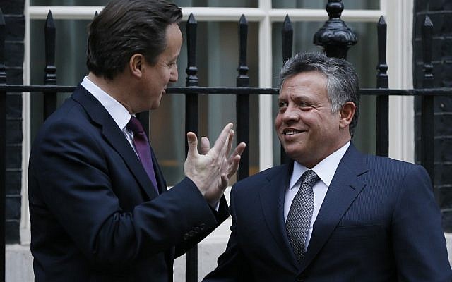Britain's Prime Minister David Cameron, left, greets King Abdullah II of Jordan at Downing Street in London, Tuesday, Dec. 11, 2012. (photo credit: AP/Kirsty Wigglesworth) Britain's Prime Minister David Cameron, left, greets King Abdullah II of Jordan at Downing Street in London, Tuesday, Dec. 11, 2012. (photo credit: AP/Kirsty Wigglesworth)