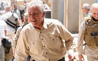 Chuck Hagel arrives at Camp Ramadi, in central Iraq, for a short visit with US servicemen, July 22, 2008. (photo credit: courtesy United States Marine Corps)