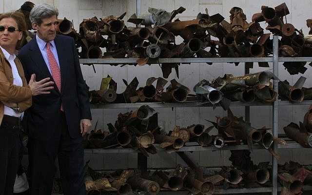 US Senate Foreign Relations Committee Chairman John Kerry, with then foreign minister and Kadima party leader Tzipi Livni, stand next to the remains of rockets fired from Gaza, at a police station in Sderot, in Feb. 2009. (photo credit: Tsafrir Abayov/Flash90) US Senate Foreign Relations Committee Chairman John Kerry, with then foreign minister and Kadima party leader Tzipi Livni, stand next to the remains of rockets fired from Gaza, at a police station in Sderot, in Feb. 2009. (photo credit: Tsafrir Abayov/Flash90)