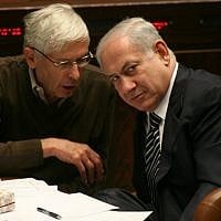 Benny Begin (L) with Benjamin Netanyahu, in the Knesset in 2012 (Miriam Alster/Flash90)