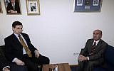Danny Ayalon (left) with Turkey's ambassador to Israel, Ahmet Oguz Celikkol, during a meeting in 2010. (Abir Sultan/Flash90)