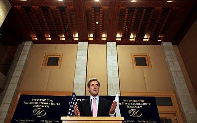 John Kerry giving a press conference in Jerusalem in 2010. (photo credit: Yossi Zamir/Flash90)
