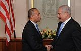 Prime Minister Benjamin Netanyahu shakes hands with Massachusetts Governor Deval L. Patrick during the governor's recent visit to Israel (photo credit: Amos BenGershom/GPO/Flash90)