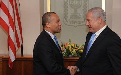 Prime Minister Benjamin Netanyahu shakes hands with Massachusetts Governor Deval L. Patrick during the governor's recent visit to Israel (photo credit: Amos BenGershom/GPO/Flash90)