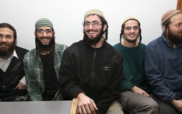 Five right-wing activists who on Thursday reached a plea bargain with the public prosecution, during a court session in Jerusalem, January 8, 2012 (photo credit: Kobi Gideon/Flash90)