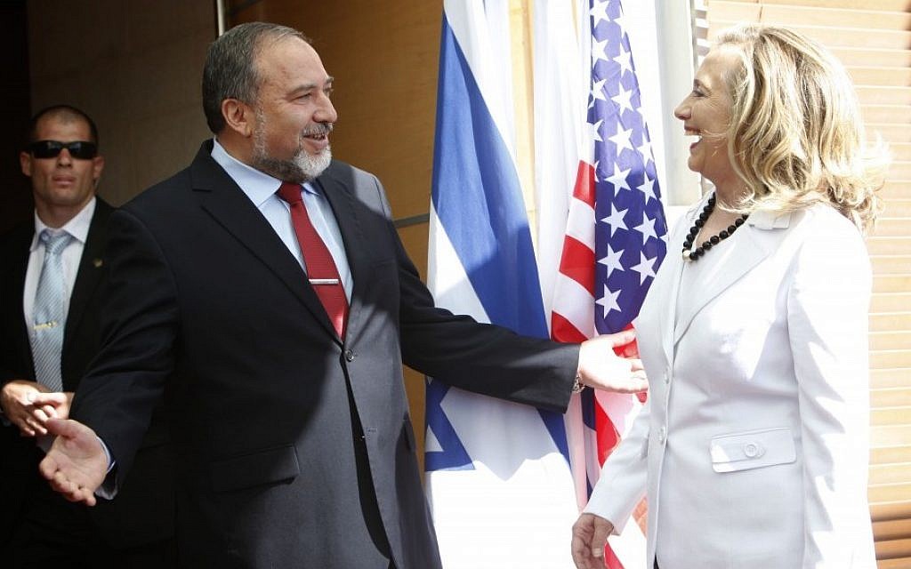 Foreign Minister Avigdor Liberman meets with US Secretary of State Hillary Clinton at the Foreign Ministry in Jerusalem, in July (photo credit: Miriam Alster/FLASH90)