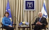 Israeli President Shimon Peres and EU foreign policy chief, Catherine Ashton, at a meeting in October 2012. (photo credit: Miriam Alster/ FLASH90)