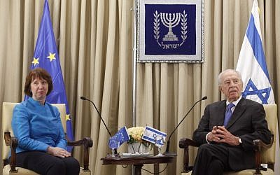 Israeli President Shimon Peres and EU foreign policy chief, Catherine Ashton, at a meeting in October 2012. (photo credit: Miriam Alster/ FLASH90)