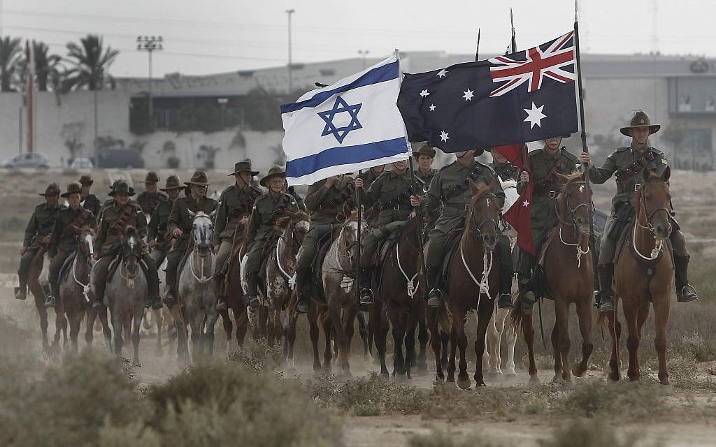 Australian men and women reenacting the last cavalry charge that took place in the Battle of Beersheba during World War I. (Tsafrir Abayov/Flash90)