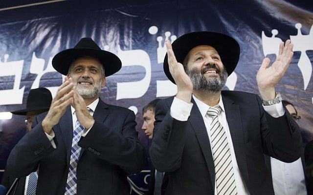Ex-Shas member Eli Yishai (left) and Shas party chairman Aryeh Deri cheer during a party conference in Jerusalem, December 4, 2012. (photo credit: Yonatan Sindel/Flash90) Ex-Shas member Eli Yishai (left) and Shas party chairman Aryeh Deri cheer during a party conference in Jerusalem, December 4, 2012. (photo credit: Yonatan Sindel/Flash90)