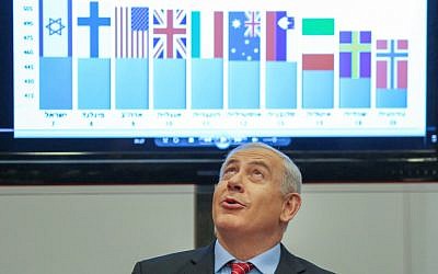 Prime Minister Benjamin Netanyahu attends a press conference at the Ministry of Education, presenting the results of international academic test rankings on Monday, December 11 (photo credit: Oren Nahshon/Flash90)