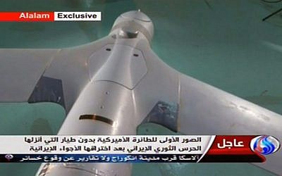 Iranian state TV shows what purports to be an intact ScanEagle drone aircraft, December 4, 2012 (photo credit: AP/Al-Alam TV)