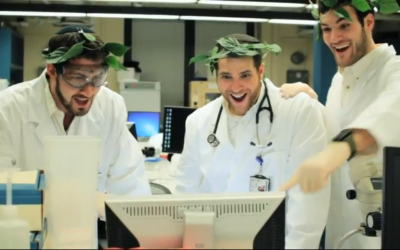 The Maccabeats celebrate a bone-marrow match in the video for "Shine." (YouTube screenshot)
