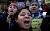 Women protesters opposing Egyptian President Mohammed Morsi chant slogans during a demonstration that started in front of el-Nour mosque, background, in Cairo, Egypt, Tuesday, Dec. 11, 2012 (photo credit: AP/Nasser Nasser)