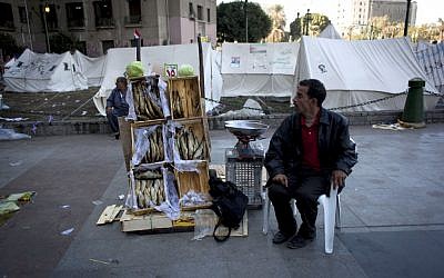 An Egyptian street vendor displays dried fish for sale near the protest camp tents in Tahrir Square, Cairo, Egypt, Wednesday, Dec. 12 (photo credit: AP/Nasser Nasser)