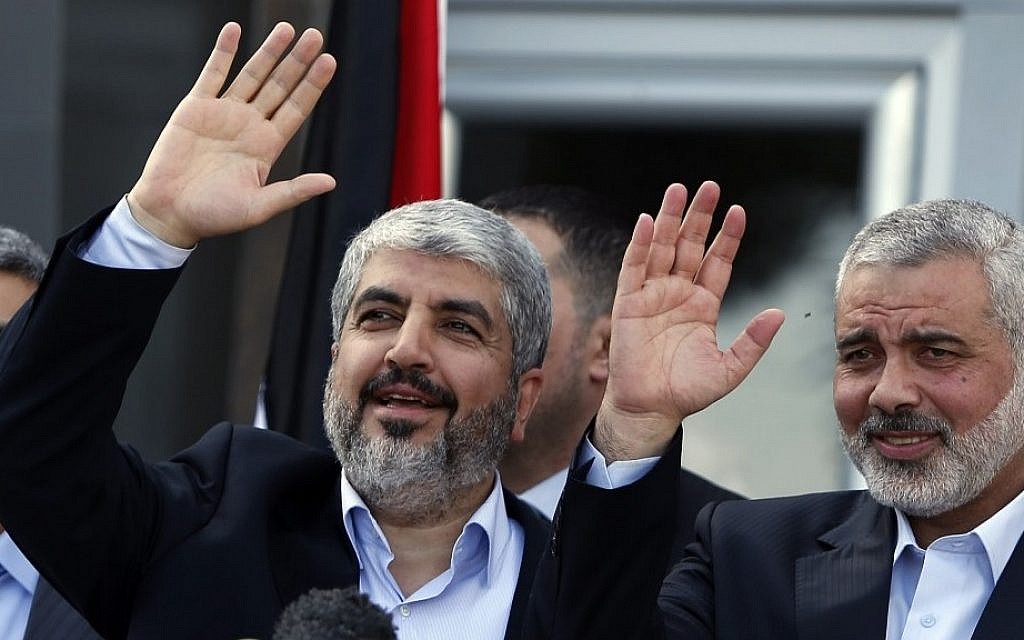 Hamas political bureau chief Khaled Mashaal, left, and Gaza's former Hamas Prime Minister Ismail Haniyeh wave during a news conference in the Gaza Strip in 2012. (AP/Suhaib Salem, Pool) Hamas political bureau chief Khaled Mashaal, left, and Gaza's former Hamas Prime Minister Ismail Haniyeh wave during a news conference in the Gaza Strip in 2012. (AP/Suhaib Salem, Pool)