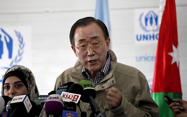 United Nations Secretary-General Ban Ki-moon speaks to reporters at the Zaatari Syrian refugee camp, in Mafraq, Jordan, last December (photo credit: AP/Mohammad Hannon) United Nations Secretary-General Ban Ki-moon speaks to reporters at the Zaatari Syrian refugee camp, in Mafraq, Jordan, last December (photo credit: AP/Mohammad Hannon)
