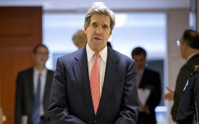 Secretary of State and former Senate Foreign Relations Chairman John Kerry leaves a closed-door briefing on the investigation of the deadly Sept. 11 attack on the US consulate in Benghazi last December. (photo credit: AP Photo/J. Scott Applewhite)