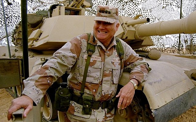 Gen. H. Norman Schwarzkopf stands at ease with his tank troops during Operation Desert Storm, on January 12, 1991, in Saudi Arabia. (photo credit: Bob Daugherty/AP)