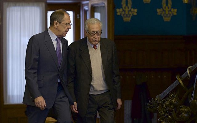 Russian Foreign Minister Sergey Lavrov, left, and UN envoy for Syria Lakhdar Brahimi talk during a meeting in Moscow, Russia, on Saturday, Dec. 29 (photo credit: AP/Ivan Sekretarev) Russian Foreign Minister Sergey Lavrov, left, and UN envoy for Syria Lakhdar Brahimi talk during a meeting in Moscow, Russia, on Saturday, Dec. 29 (photo credit: AP/Ivan Sekretarev)
