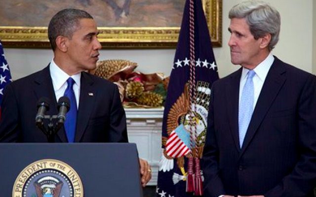 President Barack Obama and Secretary of State John Kerry (photo credit: AP/Carolyn Kaster)