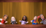(left to right) Opposition party leaders Zahava Gal-on (Meretz), Shaul Mofaz (Kadima), Shelly Yachimovich (Labor), Tzipi Livni (Hatnua) and Yair Lapid (Yesh Atid) as depicted in a Likud-Beytenu YouTube clip entitled 'Theater of the Absurd' (photo credit: image capture from YouTube video)