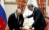 Russian President Vladimir Putin sits down as Turkey's then-prime minister Recep Tayyip Erdogan looks on before a meeting in Istanbul, Turkey, December 3, 2012. (AP/Tolga Bozoglu, Pool)