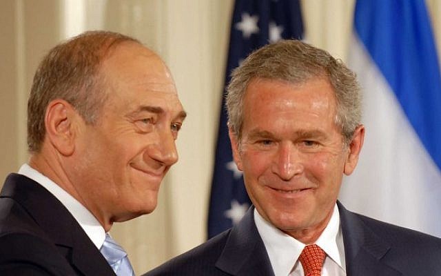 Then-US president George W. Bush welcomes then-prime minister Ehud Olmert to the Oval Office of the White House in Washington in May of 2006. (photo credit: Avi Ohayon/GPO/Flash90) Then-US president George W. Bush welcomes then-prime minister Ehud Olmert to the Oval Office of the White House in Washington in May of 2006. (photo credit: Avi Ohayon/GPO/Flash90)