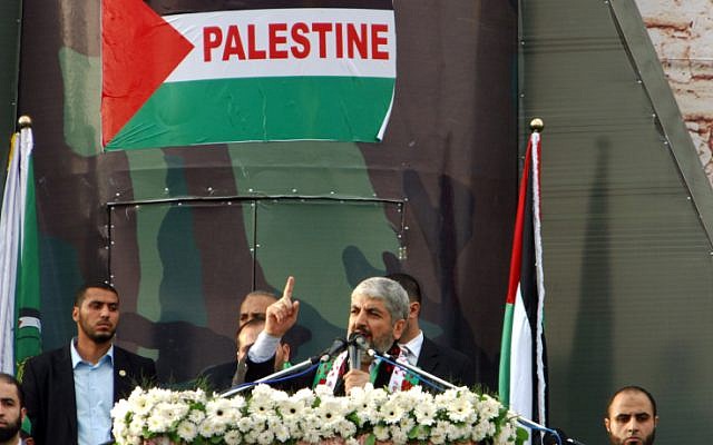 Hamas leader Khaled Mashaal delivers a speech during a rally to mark the 25th anniversary of the founding of the Islamist movement, in Gaza City on Saturday, December 8, 2012 (photo credit: Abed Rahim Khatib/Flash90)