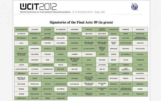 Graphic of the countries that voted for (green background) and against (white background) the WCIT Treaty (photo credit: Courtesy ITU) Graphic of the countries that voted for (green background) and against (white background) the WCIT Treaty (photo credit: Courtesy ITU)