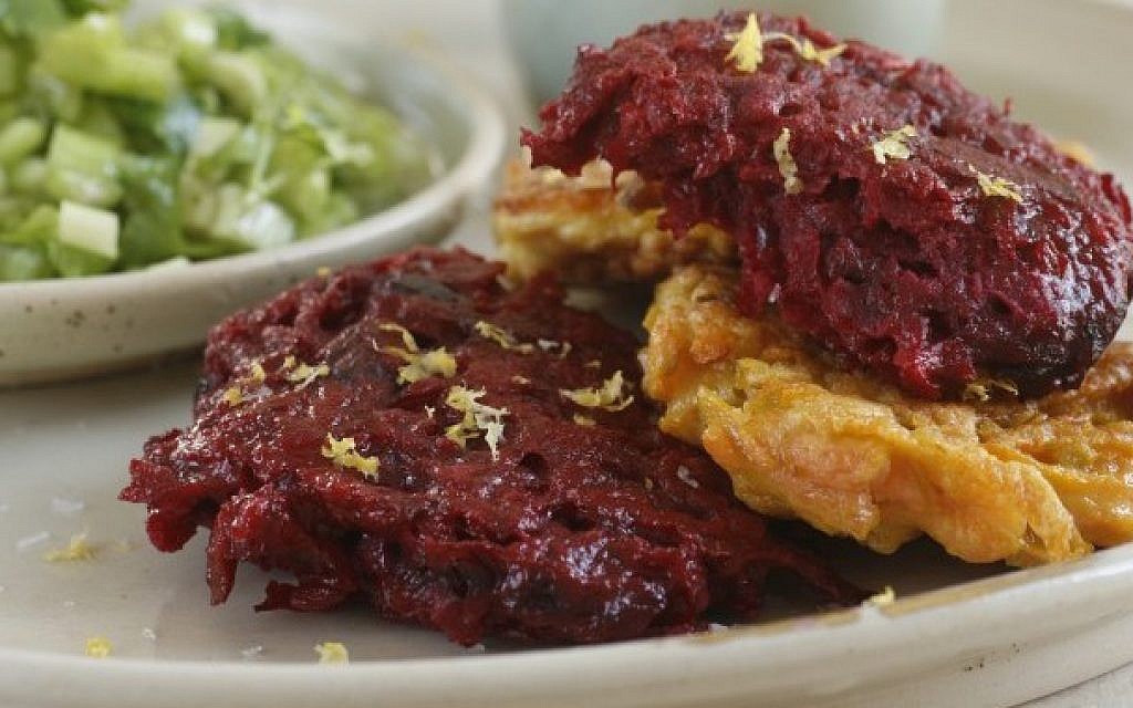 Freshly fried ginger and beet latkes with celery cilantro salsa (photo credit: Dania Weiner) Freshly fried ginger and beet latkes with celery cilantro salsa (photo credit: Dania Weiner)