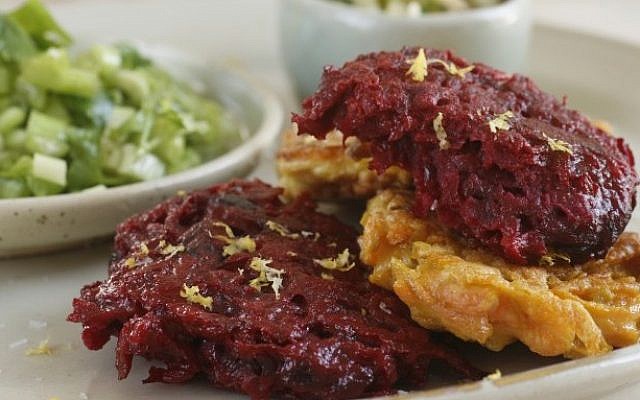 Phyllis Glazer's healthier latkes, made with carrots, ginger and beets (photo credit: Dania Weiner/Courtesy Healthy Cooking, by Phyllis Glazer)